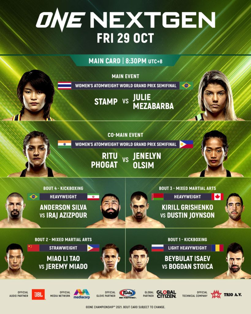 Stamp Fairtex vs. Julie Mezabarba World Grand Prix Semifinal Elevated to Main Event of ONE: NEXTGEN on 29 October 2 one nextgen 2021