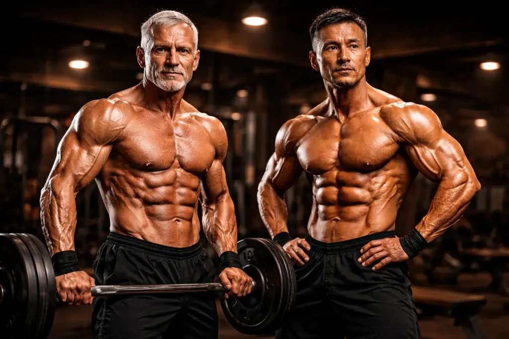 Why Older Bodybuilders Are at Higher Cardiac Risk 2 two middle aged bodybuilders in the gym